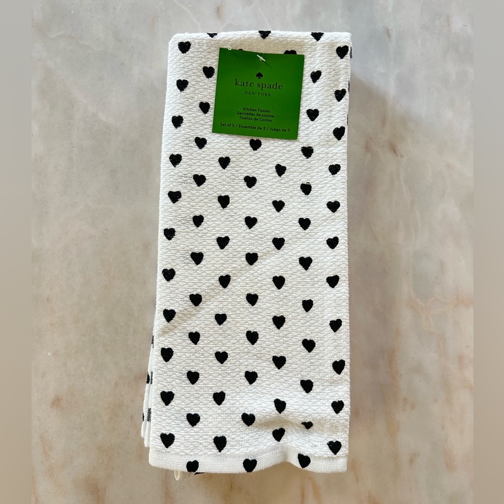 kate spade 3 Count Kitchen Towels with Black Heart Print